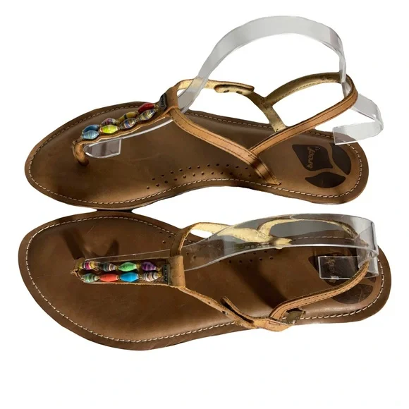 Reef Multi-Color Jewel Beads Between Toe Brown Ankle Strap Sandals Snap Closure. - Picture 1 of 16